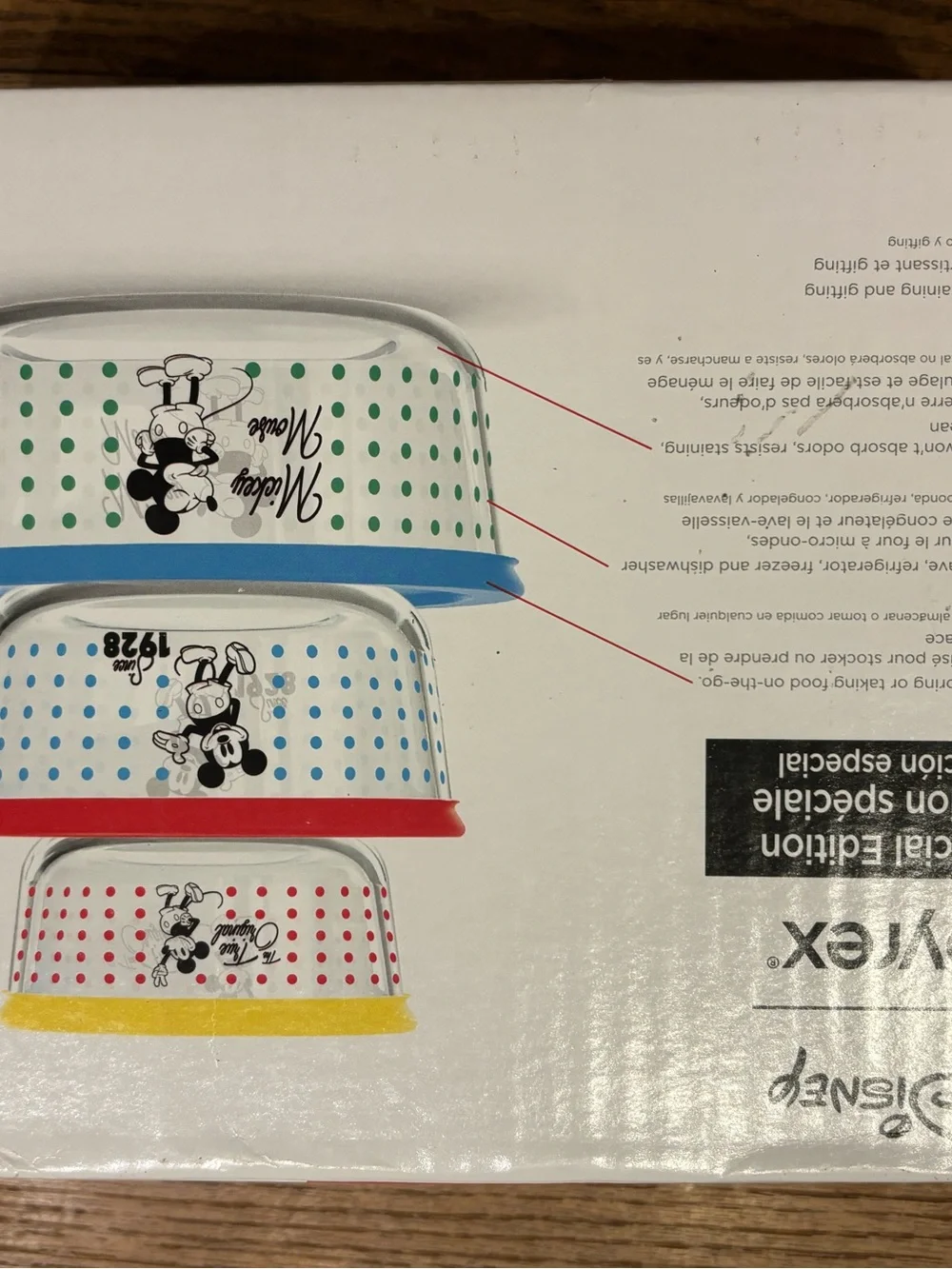 Pyrex Disney Glass Storage Bowls with Blue, Red, Yellow and Cream Lids